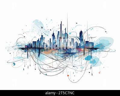 Drawing of Digital smart city infrastructure and rapid data network illustration separated, sweeping overdrawn lines. Stock Vector