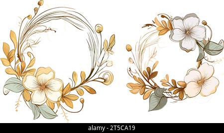 Drawing of flower wreaths with neutral flowers and leaves illustration separated, sweeping overdrawn lines. Stock Vector