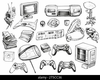 Drawing of Gaming gadgets computer play technologies icons illustration separated, sweeping overdrawn lines. Stock Vector