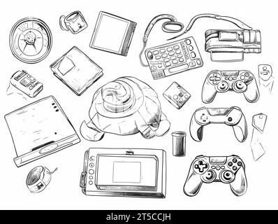 Drawing of Gaming gadgets computer play technologies icons illustration separated, sweeping overdrawn lines. Stock Vector