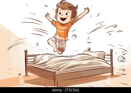 Drawing of happy cute little kid boy jump on bed illustration separated, sweeping overdrawn lines. Stock Vector