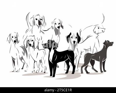 Drawing of Illustration of isolated cartoon dogs on white background illustration separated, sweeping overdrawn lines. Stock Vector