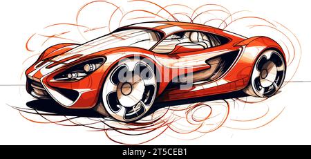 Drawing of Industrial designer car design illustration separated, sweeping overdrawn lines. Stock Vector