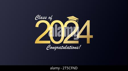 Futuristic graduation class of 2024 banner concept with glowing low polygonal golden graduation cap. Stock Photo