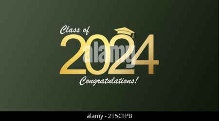 Futuristic graduation class of 2024 banner concept with glowing low polygonal golden graduation cap. Stock Photo