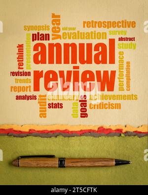 annual review word cloud on art paper, vertical poster, end of year business analysis concept Stock Photo