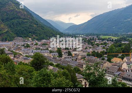 High-angle view of the city of Luchon from hiking pathway, Haute-Garonne, France Stock Photo