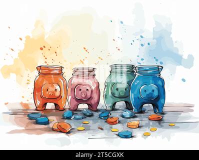Drawing of Piggy Banks Superannuation Finance Business illustration separated, sweeping overdrawn lines. Stock Vector