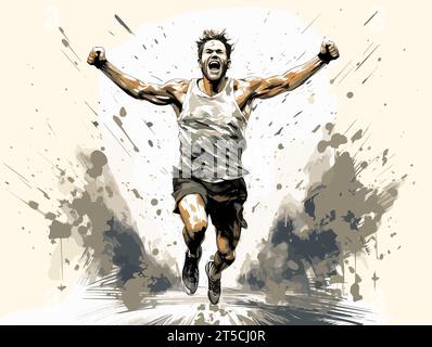 Drawing of runner Wins the race business concept illustration separated, sweeping overdrawn lines. Stock Vector