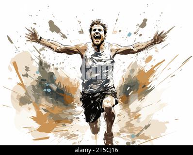 Drawing of runner Wins the race business concept illustration separated, sweeping overdrawn lines. Stock Vector