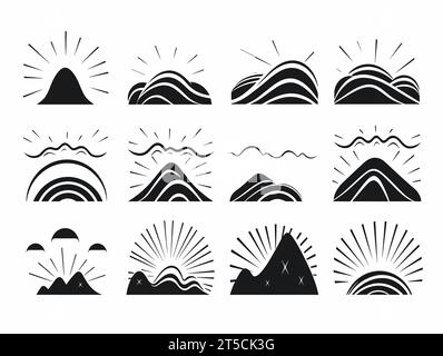 Drawing of sunrise icon set. Black on a white illustration separated, sweeping overdrawn lines. Stock Vector