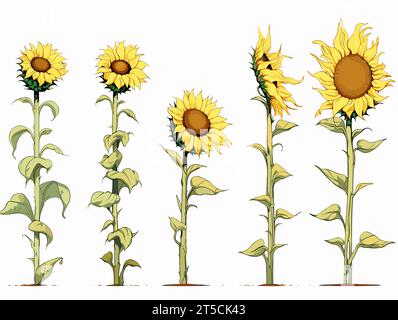 Drawing of Sunflowers - stages of growth illustration separated, sweeping overdrawn lines. Stock Vector