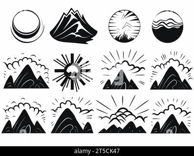 Drawing of sunrise icon set. Black on a white illustration separated, sweeping overdrawn lines. Stock Vector