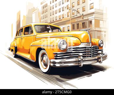 Drawing of Vintage yellow taxi in New York illustration separated, sweeping overdrawn lines. Stock Vector