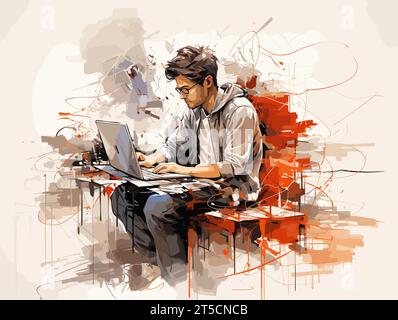 Drawing of Young man sitting at the desk working at laptop illustration separated, sweeping overdrawn lines. Stock Vector