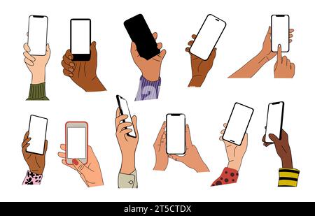 Different Hands holding mobile phones vector set. Stock Vector