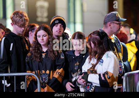 Fans gather outside the Motorpoint Arena, Nottingham, ahead of a memorial for Nottingham Panthers' ice hockey player Adam Johnson. Adam Johnson died after an accident during a Challenge Cup match with Sheffield Steelers last Saturday. Picture date: Saturday November 4, 2023. Stock Photo