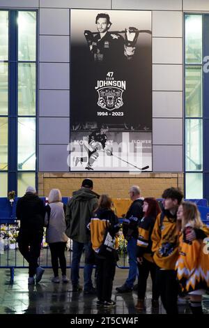 Fans gather outside the Motorpoint Arena, Nottingham, ahead of a memorial for Nottingham Panthers' ice hockey player Adam Johnson. Adam Johnson died after an accident during a Challenge Cup match with Sheffield Steelers last Saturday. Picture date: Saturday November 4, 2023. Stock Photo