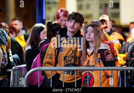 Fans gather outside the Motorpoint Arena, Nottingham, ahead of a memorial for Nottingham Panthers' ice hockey player Adam Johnson. Adam Johnson died after an accident during a Challenge Cup match with Sheffield Steelers last Saturday. Picture date: Saturday November 4, 2023. Stock Photo