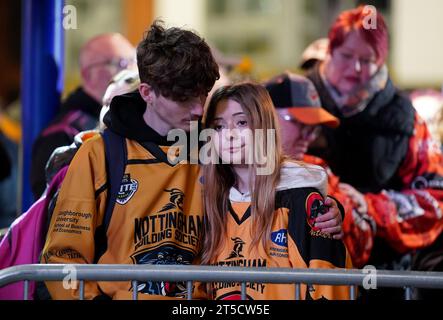 Fans gather outside the Motorpoint Arena, Nottingham, ahead of a memorial for Nottingham Panthers' ice hockey player Adam Johnson. Adam Johnson died after an accident during a Challenge Cup match with Sheffield Steelers last Saturday. Picture date: Saturday November 4, 2023. Stock Photo