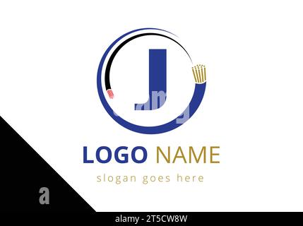 Letter J with electric wire optical fiber cable Logo Design Vector Template Stock Vector