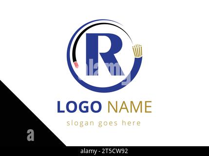 Letter R with electric wire optical fiber cable Logo Design Vector Template Stock Vector