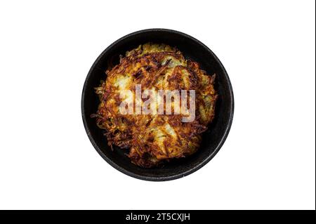 Fried Potato pancakes or Fritters with herbs in a pan. Isolated on white background Stock Photo