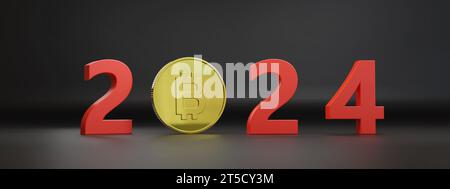 Year 2024 in three dimensions with a bitcoin coin. New year concept. 3d illustration. Stock Photo