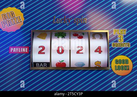 Wheels of a slot machine with the number 2024. New year concept. 3d illustration. Stock Photo