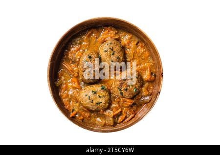 Cutlets or Fish balls with tuna in tomato sauce. Isolated on white background Stock Photo