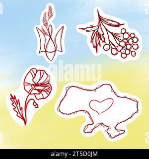 Large set of line art patriotic stickers. Ukrainian stickers. Stop the war in Ukraine Stock Photo