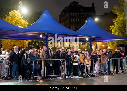 Fans gather outside the Motorpoint Arena, Nottingham, ahead of a memorial for Nottingham Panthers' ice hockey player Adam Johnson. Adam Johnson died after an accident during a Challenge Cup match with Sheffield Steelers last Saturday. Picture date: Saturday November 4, 2023. Stock Photo