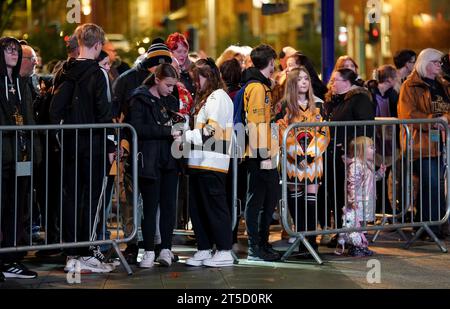 Fans gather outside the Motorpoint Arena, Nottingham, ahead of a memorial for Nottingham Panthers' ice hockey player Adam Johnson. Adam Johnson died after an accident during a Challenge Cup match with Sheffield Steelers last Saturday. Picture date: Saturday November 4, 2023. Stock Photo