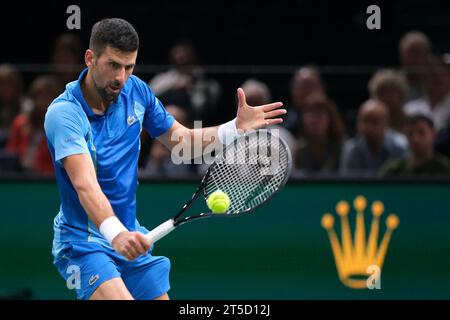 Paris, France. 4th Nov, 2023. Serbian player NOVAK DJOKOVIC returns the ball to Russian player ANDREI RUBLEV during the semi final of Rolex Paris Masters 1000 tournament at Paris Accor Arena Stadium - France (Credit Image: © Pierre Stevenin/ZUMA Press Wire) EDITORIAL USAGE ONLY! Not for Commercial USAGE! Credit: ZUMA Press, Inc./Alamy Live News Stock Photo