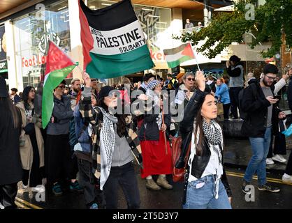 Pro-Palestine march through the centre of Bristol from the Shah Jalal Mosque in Eastville, through Broadmead shopping area to College Green, Bristol, Stock Photo