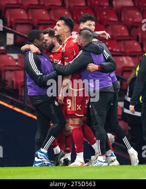 Aberdeen's Bojan Miovski celebrates scoring their side's first goal of the game during the Viaplay Cup semi-final match at Hampden Park, Glasgow. Picture date: Saturday November 4, 2023. Stock Photo