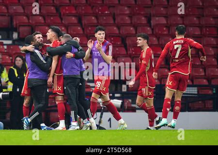 Aberdeen's Bojan Miovski celebrates scoring their side's first goal of the game during the Viaplay Cup semi-final match at Hampden Park, Glasgow. Picture date: Saturday November 4, 2023. Stock Photo