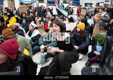 London, UK. 4th Nov, 2023. Charing Cross has been occupied by pro-Palestinian protesters leaving passengers blocked from boarding trains and entering the station. The event was organised by The Free Palestine Coalition which includes Black Lives Matter UK, Sisters Uncut and Black Jewish Alliance, who said there would be 'no business as usual while Britain is supporting a genocide that has killed 9,000 people''. Other pro-Palestinian rallies are also being held in Belfast, Edinburgh, Cardiff, Liverpool and Leeds. (Credit Image: © Velar Grant/ZUMA Press Wire) EDITORIAL USAGE ON Credit: ZUMA Pre Stock Photo