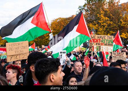 Berlin, Germany - November, 4: People with palestinian flags and sign on Free Palestine Demonstration in Berlin Stock Photo