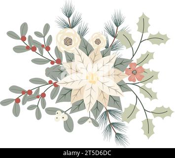 Winter Christmas floral composition with pancetta and red berries. Design for Holidays invitation card, poster, banner, greeting card, postcard. Vecto Stock Vector