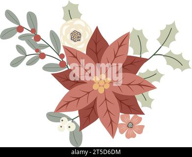Winter Christmas floral composition with pancetta and red berries. Design for Holidays invitation card, poster, banner, greeting card, postcard. Vecto Stock Vector