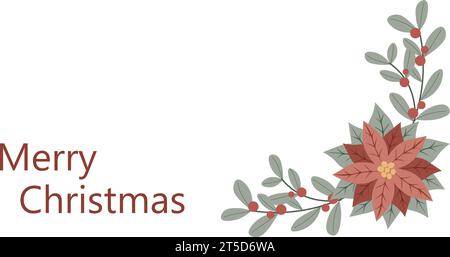 Postcard Merry Christmas. Christmas winter banner with red flower poinsettia . Perfect for  greeting card design. Vector illustration Stock Vector