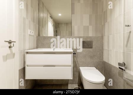 Frontal image of small modern bathroom with gray stone-like tiles Stock Photo