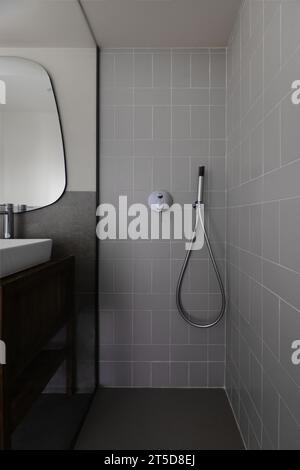Small modern bathroom with gray stone effect tiles, mirror on the wall, shower cubicle with glass screen and chrome taps Stock Photo