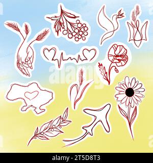 Large set of line art patriotic stickers. Ukrainian stickers. Stop the war in Ukraine Stock Photo