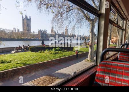 Sadiq Khan to axe landmark bus route 11 a week before Coronation.   Pictured: The view of the Parliament from the side windows of a Bus 11 passing thr Stock Photo