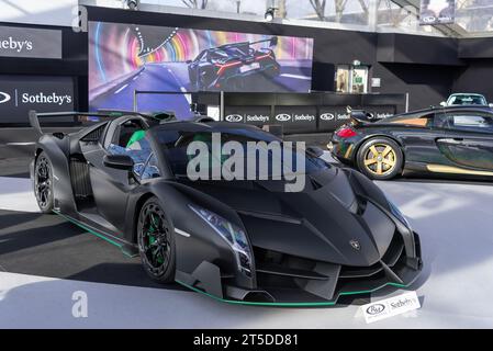 Paris, France - RM Sotheby's Paris 2020. Focus on a matte black  2015 Lamborghini Veneno Roadster. Chassis no. ZHWEB3ZD5FLA03002. Stock Photo