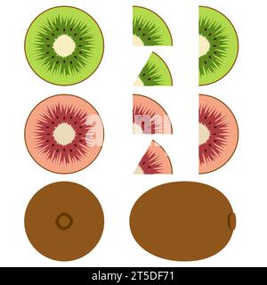 Set of illustrations with green and red kiwi. Isolated vector objects on white background. Stock Vector