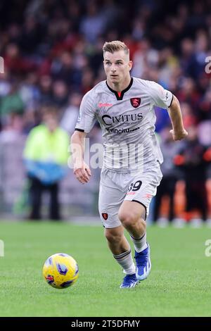 Salernitana's Polish midfielder Mateusz Legowski controls the ball  during the Serie A football match between Unione Sportiva Salernitana vs SSC Napoli at the Arechi Stadium in Salerno on November 04, 2023. Stock Photo