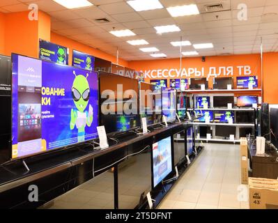 Moscow, Russia - Oct 19. 2023. TVs and and others in the DNS network store selling household appliances in Zelenograd Stock Photo